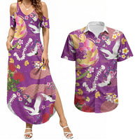 Hawaiian and Japanese Culture Together Couples Matching Summer Maxi Dress and Hawaiian Shirt Kakau Tribal Pattern and Irezumi Art Purple Color LT03 Purple - Polynesian Pride