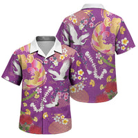 Hawaiian and Japanese Culture Together Family Matching Off Shoulder Short Dress and Hawaiian Shirt Kakau Tribal Pattern and Irezumi Art Purple Color