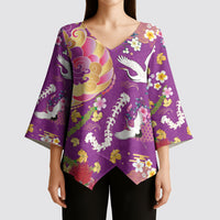 Hawaiian and Japanese Culture Together Kimono Sleeve Blouse Kakau Tribal Pattern and Irezumi Art Purple Color