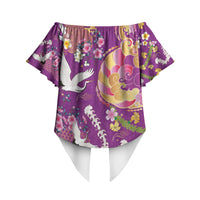Hawaiian and Japanese Culture Together Off Shoulder Wrap Waist Top Kakau Tribal Pattern and Irezumi Art Purple Color LT03 - Polynesian Pride