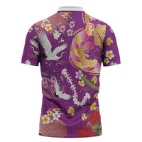 Hawaiian and Japanese Culture Together Zipper Polo Shirt Kakau Tribal Pattern and Irezumi Art Purple Color