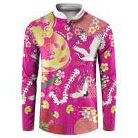 Hawaiian and Japanese Culture Together Button Sweatshirt Kakau Tribal Pattern and Irezumi Art Pink Color