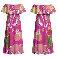 Hawaiian and Japanese Culture Together Couples Matching Off Shoulder Maxi Dress and Long Sleeve Button Shirt Kakau Tribal Pattern and Irezumi Art Pink Color LT03 - Polynesian Pride