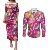 Hawaiian and Japanese Culture Together Couples Matching Puletasi and Long Sleeve Button Shirt Kakau Tribal Pattern and Irezumi Art Pink Color LT03 Pink - Polynesian Pride