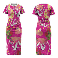 Hawaiian and Japanese Culture Together Couples Matching Short Sleeve Bodycon Dress and Hawaiian Shirt Kakau Tribal Pattern and Irezumi Art Pink Color LT03 - Polynesian Pride