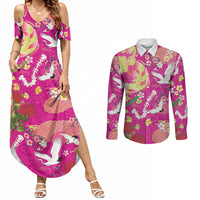 Hawaiian and Japanese Culture Together Couples Matching Summer Maxi Dress and Long Sleeve Button Shirt Kakau Tribal Pattern and Irezumi Art Pink Color