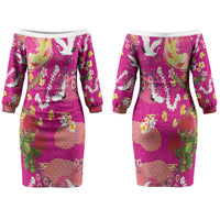 Hawaiian and Japanese Culture Together Family Matching Off The Shoulder Long Sleeve Dress and Hawaiian Shirt Kakau Tribal Pattern and Irezumi Art Pink Color LT03 Mom's Dress Pink - Polynesian Pride