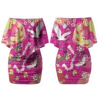 Hawaiian and Japanese Culture Together Family Matching Off Shoulder Short Dress and Hawaiian Shirt Kakau Tribal Pattern and Irezumi Art Pink Color