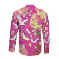 Hawaiian and Japanese Culture Together Long Sleeve Button Shirt Kakau Tribal Pattern and Irezumi Art Pink Color