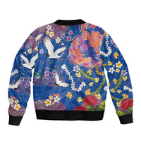 Hawaiian and Japanese Culture Together Bomber Jacket Kakau Tribal Pattern and Irezumi Art Blue Color