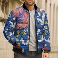 Hawaiian and Japanese Culture Together Bomber Puffer Jacket Kakau Tribal Pattern and Irezumi Art Blue Color