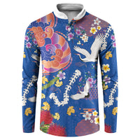 Hawaiian and Japanese Culture Together Button Sweatshirt Kakau Tribal Pattern and Irezumi Art Blue Color