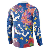 Hawaiian and Japanese Culture Together Button Sweatshirt Kakau Tribal Pattern and Irezumi Art Blue Color