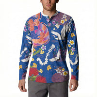 Hawaiian and Japanese Culture Together Button Sweatshirt Kakau Tribal Pattern and Irezumi Art Blue Color