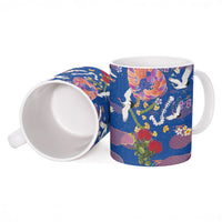 Hawaiian and Japanese Culture Together Ceramic Mug Kakau Tribal Pattern and Irezumi Art Blue Color