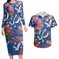 Hawaiian and Japanese Culture Together Couples Matching Long Sleeve Bodycon Dress and Hawaiian Shirt Kakau Tribal Pattern and Irezumi Art Blue Color LT03 Blue - Polynesian Pride