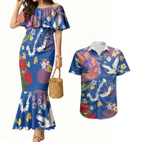 Hawaiian and Japanese Culture Together Couples Matching Mermaid Dress and Hawaiian Shirt Kakau Tribal Pattern and Irezumi Art Blue Color LT03 Blue - Polynesian Pride