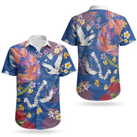 Hawaiian and Japanese Culture Together Couples Matching Off Shoulder Maxi Dress and Hawaiian Shirt Kakau Tribal Pattern and Irezumi Art Blue Color LT03 - Polynesian Pride