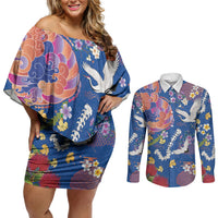 Hawaiian and Japanese Culture Together Couples Matching Off Shoulder Short Dress and Long Sleeve Button Shirt Kakau Tribal Pattern and Irezumi Art Blue Color LT03 Blue - Polynesian Pride
