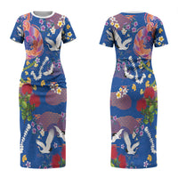 Hawaiian and Japanese Culture Together Couples Matching Short Sleeve Bodycon Dress and Long Sleeve Button Shirt Kakau Tribal Pattern and Irezumi Art Blue Color LT03 - Polynesian Pride