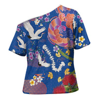 Hawaiian and Japanese Culture Together Cross Shoulder Shirt Kakau Tribal Pattern and Irezumi Art Blue Color