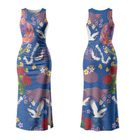 Hawaiian and Japanese Culture Together Family Matching Tank Maxi Dress and Hawaiian Shirt Kakau Tribal Pattern and Irezumi Art Blue Color LT03 Mom's Dress Blue - Polynesian Pride