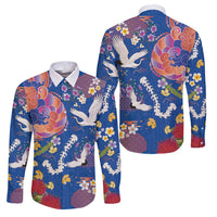 Hawaiian and Japanese Culture Together Family Matching Tank Maxi Dress and Hawaiian Shirt Kakau Tribal Pattern and Irezumi Art Blue Color LT03 Dad's Shirt - Long Sleeve Blue - Polynesian Pride