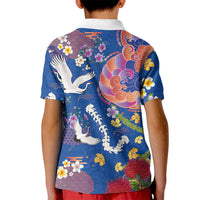 Hawaiian and Japanese Culture Together Kid Polo Shirt Kakau Tribal Pattern and Irezumi Art Blue Color