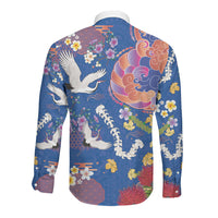 Hawaiian and Japanese Culture Together Long Sleeve Button Shirt Kakau Tribal Pattern and Irezumi Art Blue Color