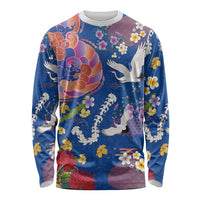 Hawaiian and Japanese Culture Together Long Sleeve Shirt Kakau Tribal Pattern and Irezumi Art Blue Color
