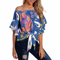 Hawaiian and Japanese Culture Together Off Shoulder Wrap Waist Top Kakau Tribal Pattern and Irezumi Art Blue Color LT03 - Polynesian Pride