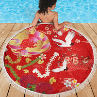 Hawaiian and Japanese Culture Together Beach Blanket Kakau Tribal Pattern and Irezumi Art Red Color LT03 - Polynesian Pride