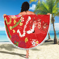 Hawaiian and Japanese Culture Together Beach Blanket Kakau Tribal Pattern and Irezumi Art Red Color LT03 - Polynesian Pride