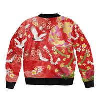 Hawaiian and Japanese Culture Together Bomber Jacket Kakau Tribal Pattern and Irezumi Art Red Color