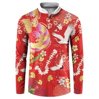 Hawaiian and Japanese Culture Together Button Sweatshirt Kakau Tribal Pattern and Irezumi Art Red Color