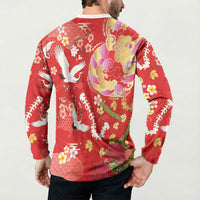 Hawaiian and Japanese Culture Together Button Sweatshirt Kakau Tribal Pattern and Irezumi Art Red Color