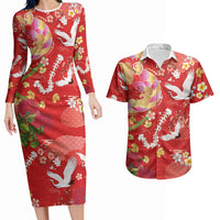 Hawaiian and Japanese Culture Together Couples Matching Long Sleeve Bodycon Dress and Hawaiian Shirt Kakau Tribal Pattern and Irezumi Art Red Color LT03 Red - Polynesian Pride