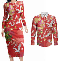 Hawaiian and Japanese Culture Together Couples Matching Long Sleeve Bodycon Dress and Long Sleeve Button Shirt Kakau Tribal Pattern and Irezumi Art Red Color