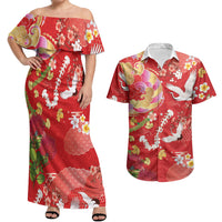 Hawaiian and Japanese Culture Together Couples Matching Off Shoulder Maxi Dress and Hawaiian Shirt Kakau Tribal Pattern and Irezumi Art Red Color LT03 Red - Polynesian Pride