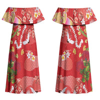 Hawaiian and Japanese Culture Together Couples Matching Off Shoulder Maxi Dress and Hawaiian Shirt Kakau Tribal Pattern and Irezumi Art Red Color LT03 - Polynesian Pride