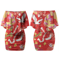 Hawaiian and Japanese Culture Together Couples Matching Off Shoulder Short Dress and Long Sleeve Button Shirt Kakau Tribal Pattern and Irezumi Art Red Color LT03 - Polynesian Pride