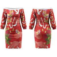Hawaiian and Japanese Culture Together Couples Matching Off The Shoulder Long Sleeve Dress and Hawaiian Shirt Kakau Tribal Pattern and Irezumi Art Red Color LT03 - Polynesian Pride