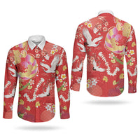 Hawaiian and Japanese Culture Together Couples Matching Short Sleeve Bodycon Dress and Long Sleeve Button Shirt Kakau Tribal Pattern and Irezumi Art Red Color LT03 - Polynesian Pride