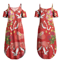 Hawaiian and Japanese Culture Together Couples Matching Summer Maxi Dress and Long Sleeve Button Shirt Kakau Tribal Pattern and Irezumi Art Red Color LT03 - Polynesian Pride