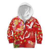 Hawaiian and Japanese Culture Together Kid Hoodie Kakau Tribal Pattern and Irezumi Art Red Color