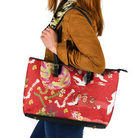 Hawaiian and Japanese Culture Together Leather Tote Bag Kakau Tribal Pattern and Irezumi Art Red Color LT03 Red - Polynesian Pride
