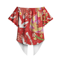 Hawaiian and Japanese Culture Together Off Shoulder Wrap Waist Top Kakau Tribal Pattern and Irezumi Art Red Color LT03 - Polynesian Pride