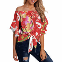 Hawaiian and Japanese Culture Together Off Shoulder Wrap Waist Top Kakau Tribal Pattern and Irezumi Art Red Color LT03 - Polynesian Pride
