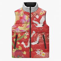 Hawaiian and Japanese Culture Together Sleeveless Puffer Jacket Kakau Tribal Pattern and Irezumi Art Red Color