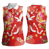 Hawaiian and Japanese Culture Together Women Sleeveless Polo Shirt Kakau Tribal Pattern and Irezumi Art Red Color